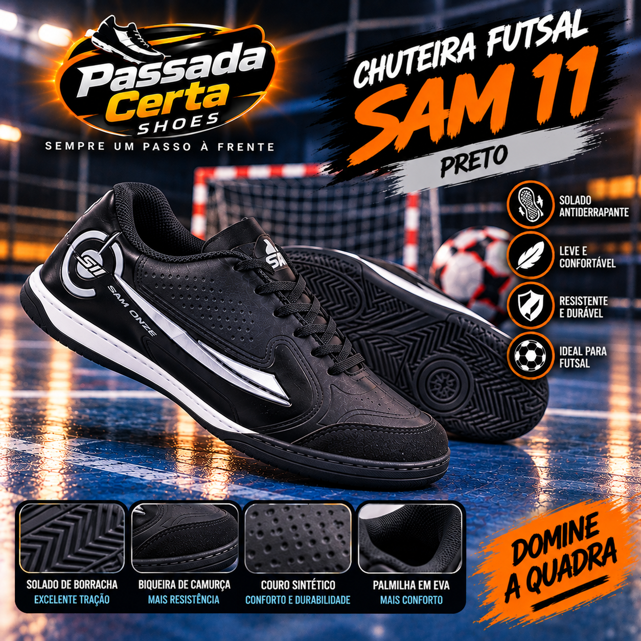 Chuteira Futsal SAM 11 Profissional Antiderrapante Unissex - Imagem 6