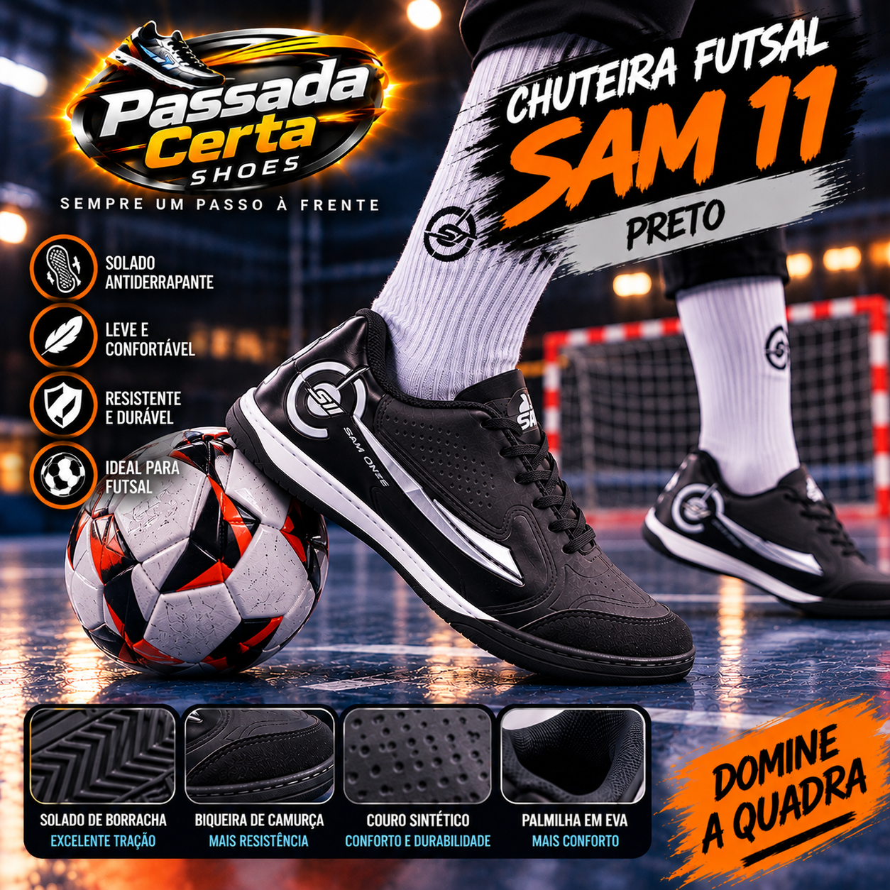 Chuteira Futsal SAM 11 Profissional Antiderrapante Unissex - Imagem 7