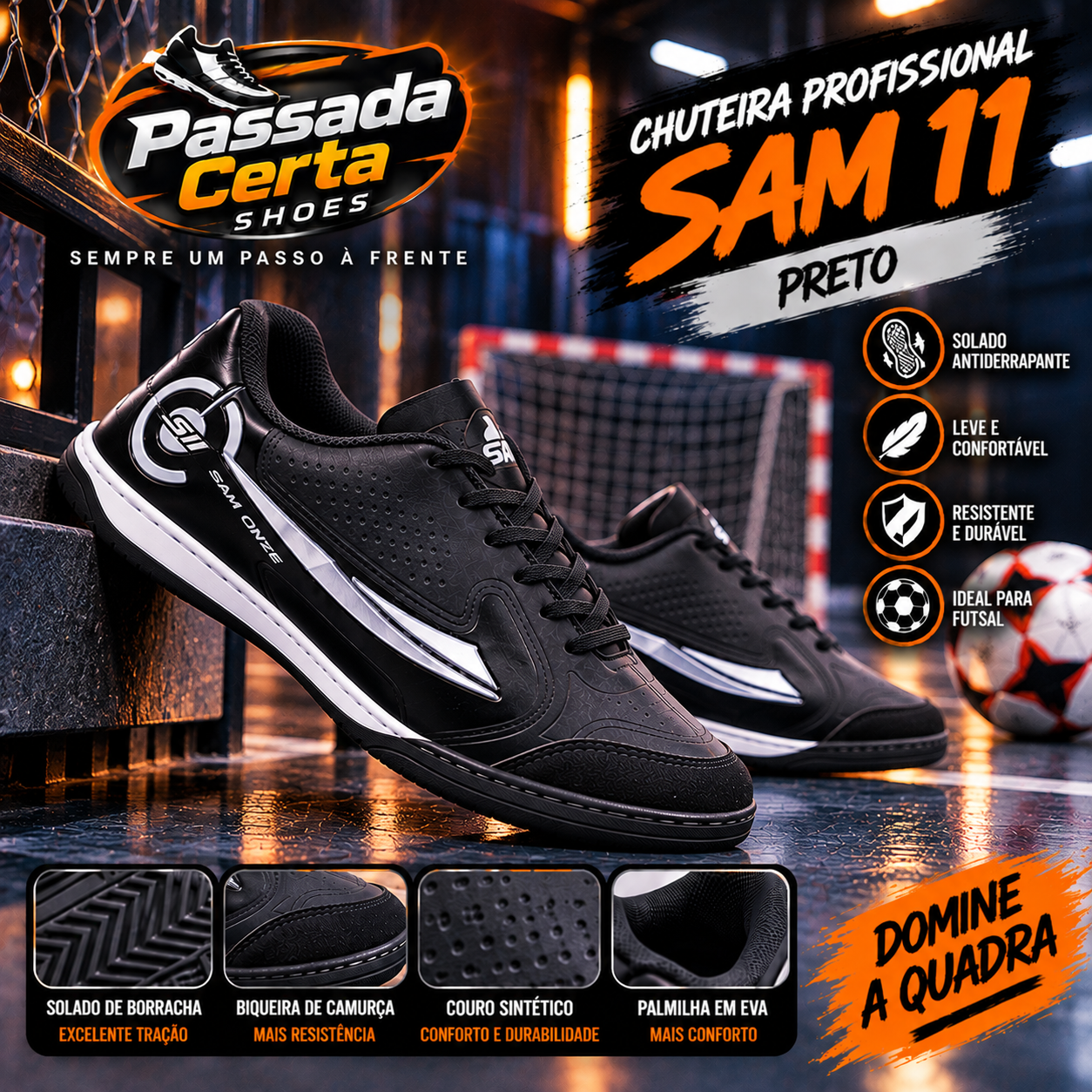 Chuteira Futsal SAM 11 Profissional Antiderrapante Unissex - Imagem 8