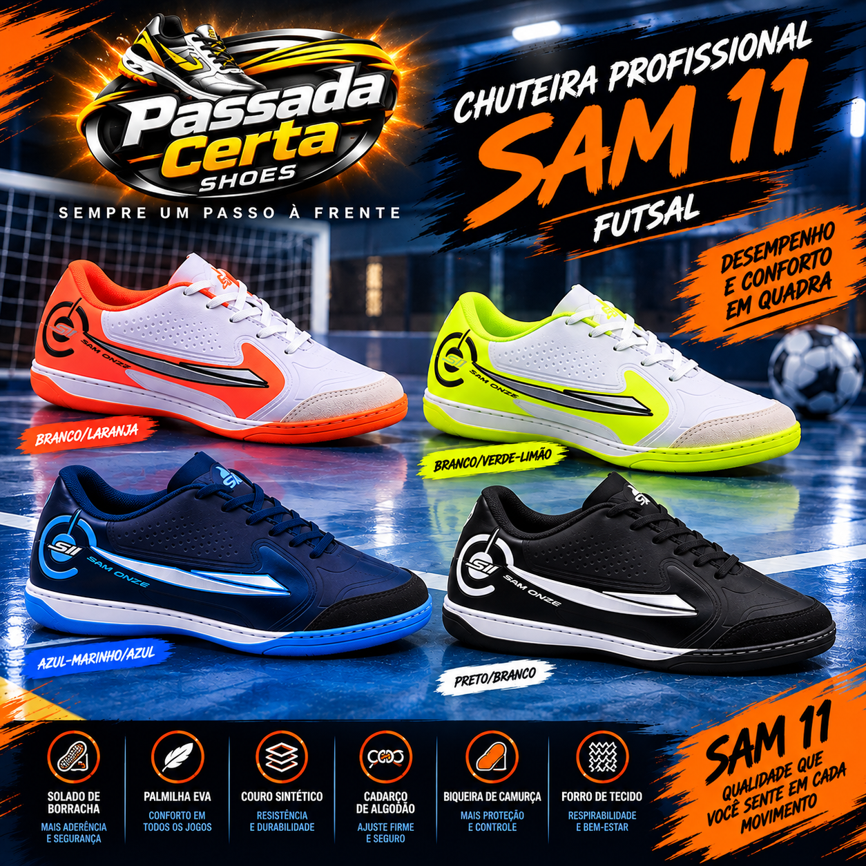 Chuteira Futsal SAM 11 Profissional Antiderrapante Unissex