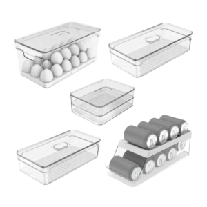 Kit 5 Organizadores De Geladeira: Porta Ovos, Porta Frios, 2 Potes e Porta Latas