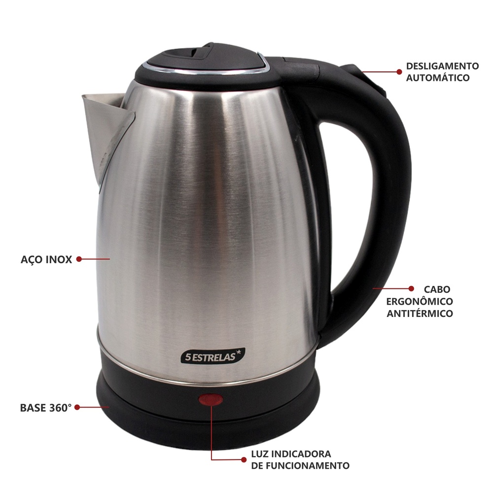 Chaleira Elétrica 1,8L em Inox Escovado 220v 1500w Rápida Fervura - Imagem 2