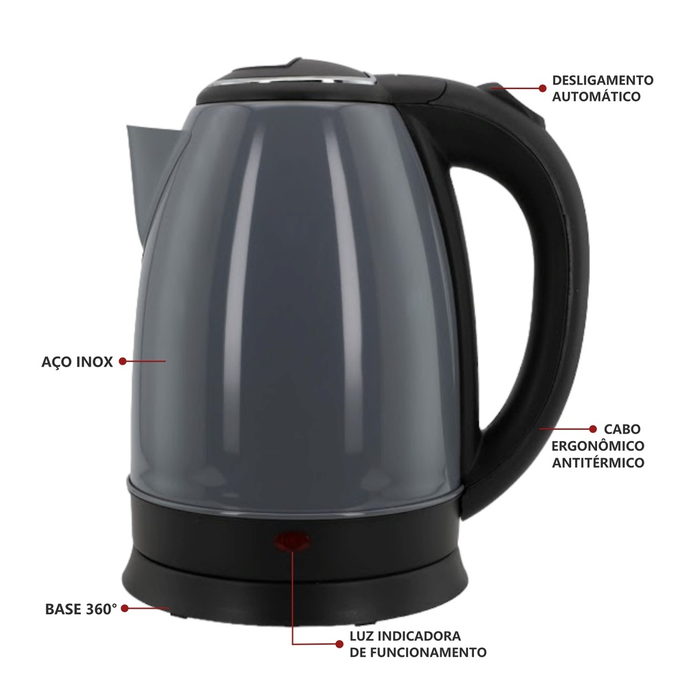 Chaleira Elétrica 1,8L em Inox Cinza 127v 1000w Rápida Fervura - Imagem 4