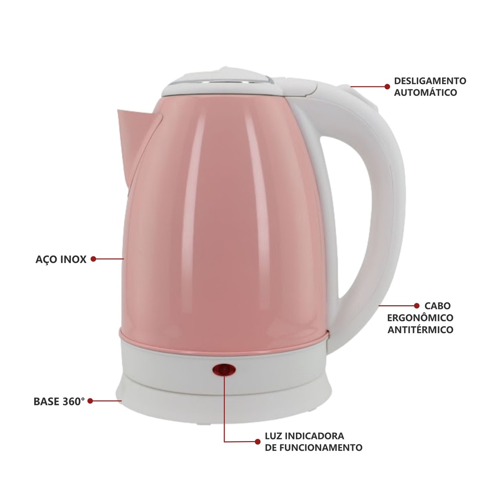 Chaleira Elétrica 1,8L em Inox Rosa 127v 1000w Rápida Fervura - Imagem 2