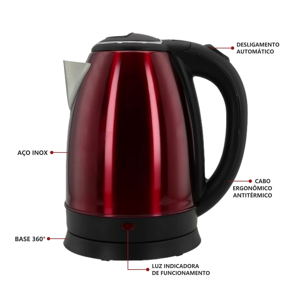 Chaleira Elétrica 1,8L em Inox Vermelha 127v 1000w Rápida Fervura - Imagem 2