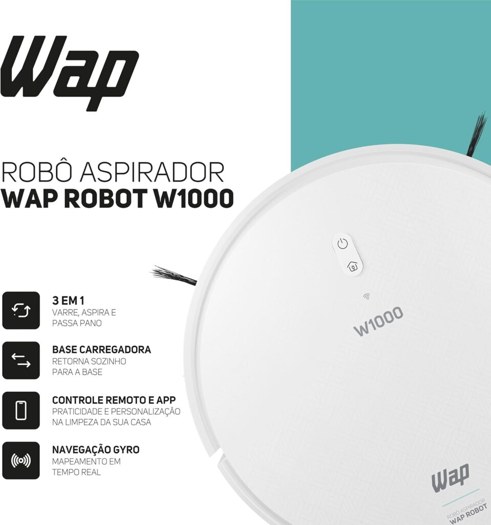WAP Robô Aspirador de Pó ROBOT W1000 Mapeamento de Tempo Real GYRO, Base de Carregamento, Compatível com Alexa e Google