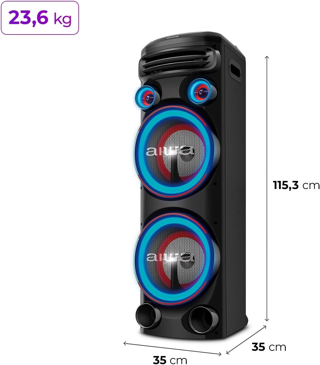 Torre de Som AIWA T2W-02 2300W 2Woofers10" Bluetooth RGB USB FM DJ - Imagem 10