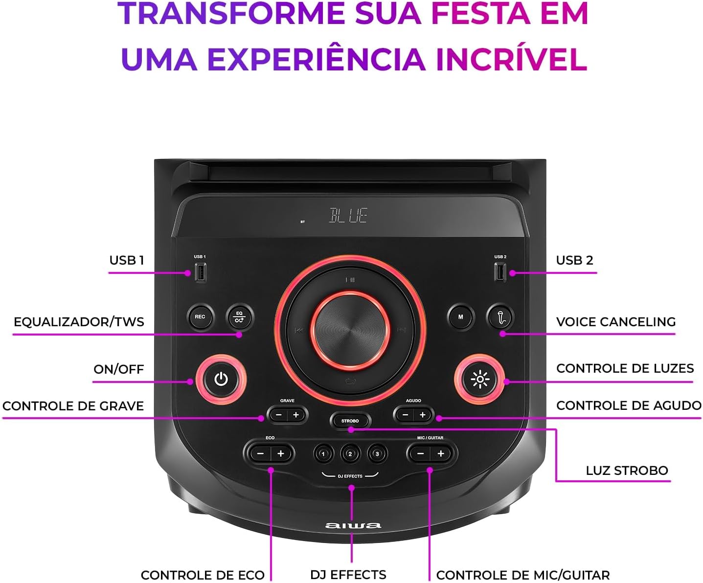 Torre de Som AIWA T2W-02 2300W 2Woofers10" Bluetooth RGB USB FM DJ - Imagem 9