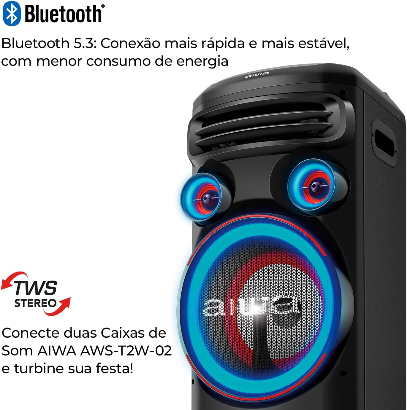 Torre de Som AIWA T2W-02 2300W 2Woofers10" Bluetooth RGB USB FM DJ - Imagem 8