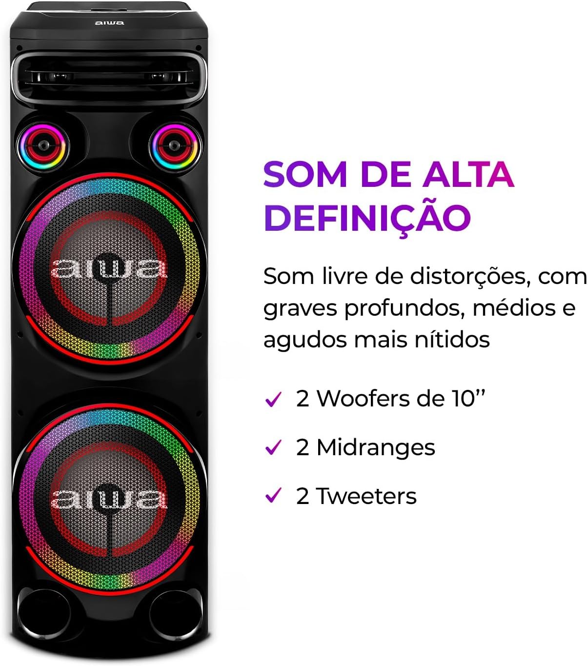 Torre de Som AIWA T2W-02 2300W 2Woofers10" Bluetooth RGB USB FM DJ - Imagem 7