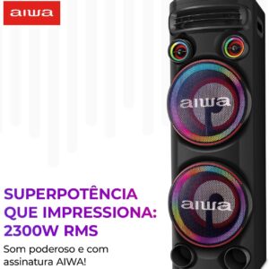 Torre de Som AIWA T2W-02 2300W 2Woofers10" Bluetooth RGB USB FM DJ