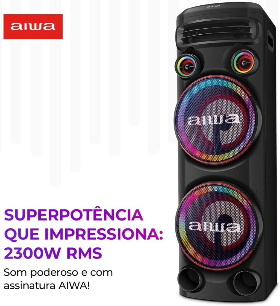 Torre de Som AIWA T2W-02 2300W 2Woofers10" Bluetooth RGB USB FM DJ